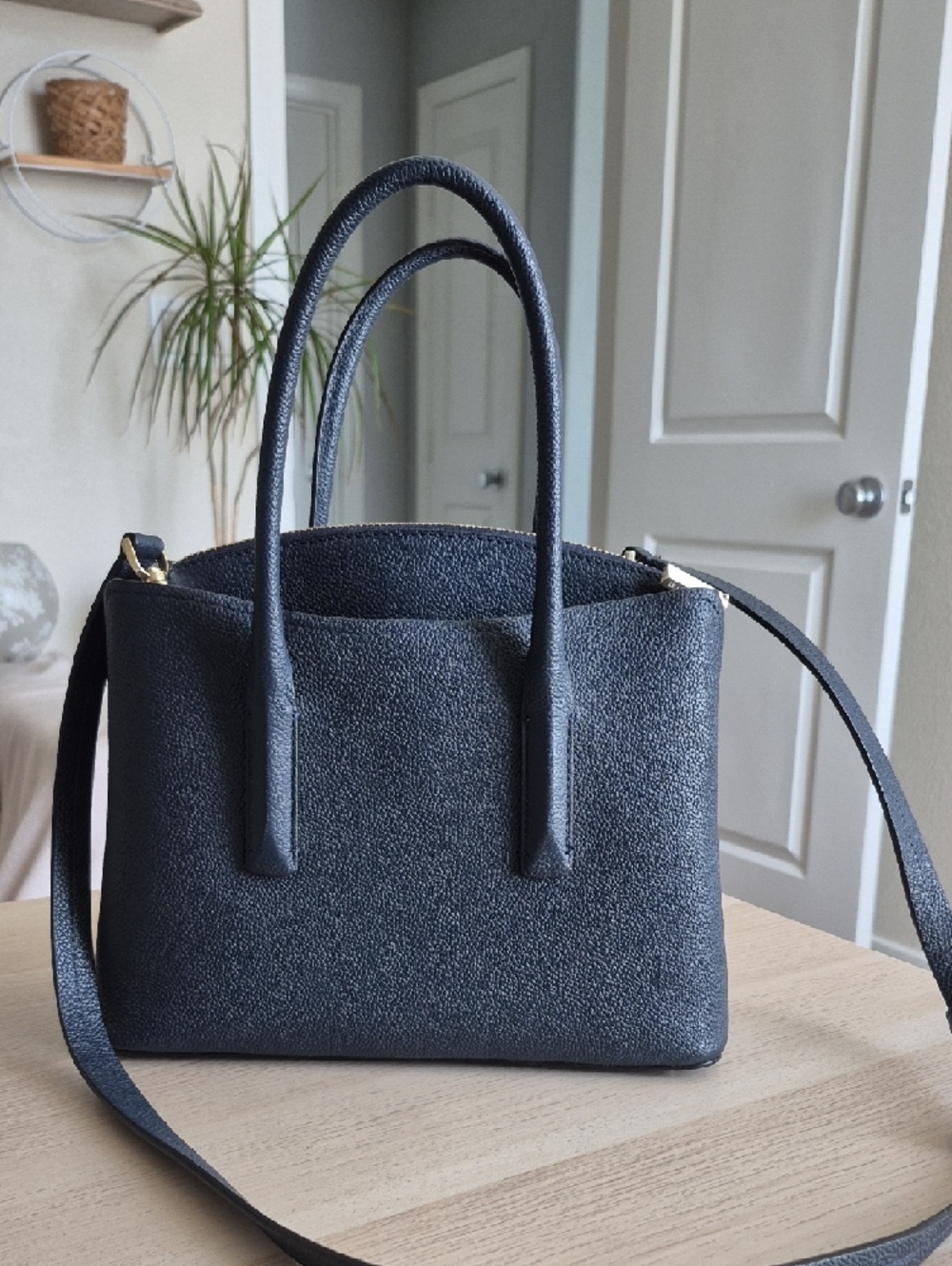 kate spade Medium Margaux Satchel navy pebbled leather satchel with gold accents - Picture 2 of 9